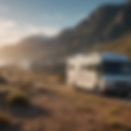 A scenic view of a motorhome parked in a picturesque landscape