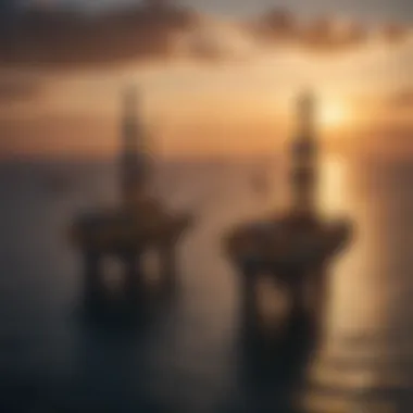 Aerial view of oil rigs at sunset