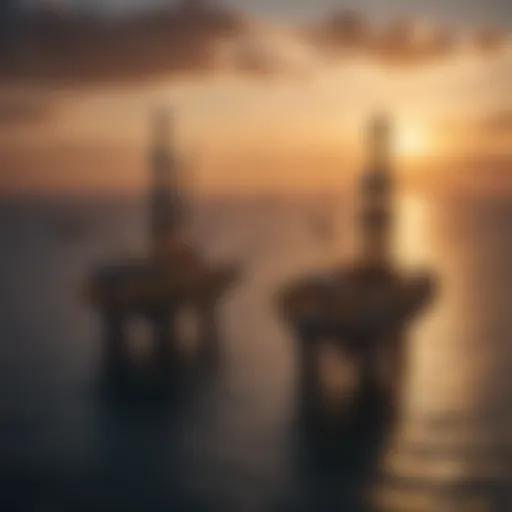 Aerial view of oil rigs at sunset